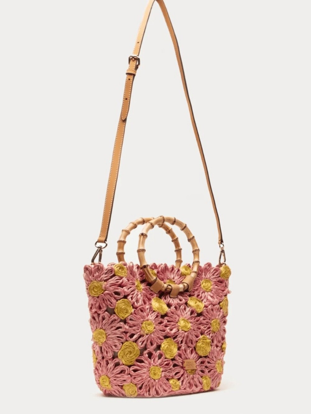 Frances Valentine Flora Raffia Tote Bag Pink Yellow Bamboo Handle NWT - Picture 3 of 11